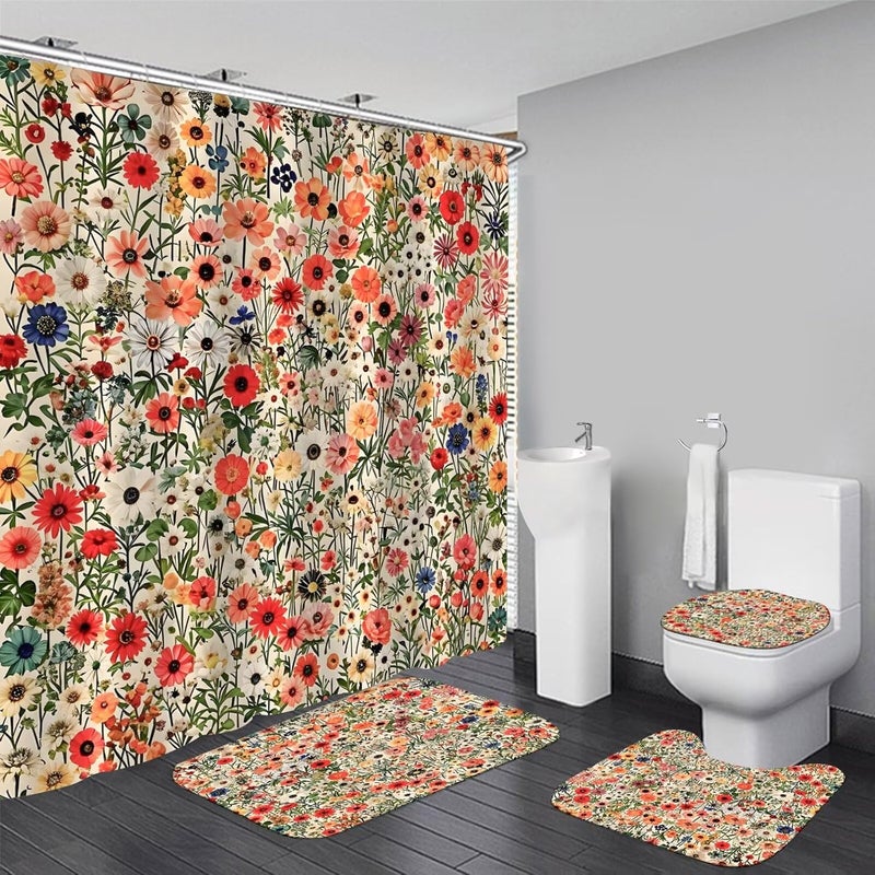 DDQQ 4Pcs Floral Shower Curtain Set Spring Flower Bathroom Sets, Oil Painting Flower Home Bathroom Decor Shower Curtains with Rugs and Toilet Lid Cover - Image 1